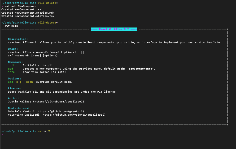 The info screen of the React Workflow CLI